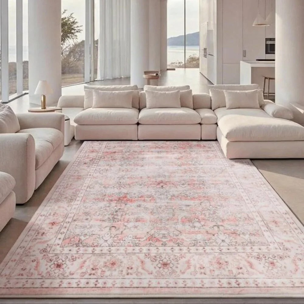 New 6x4 Vintage Pink Area Rug, Washable Non-Slip, Low Pile Carpet for Home
